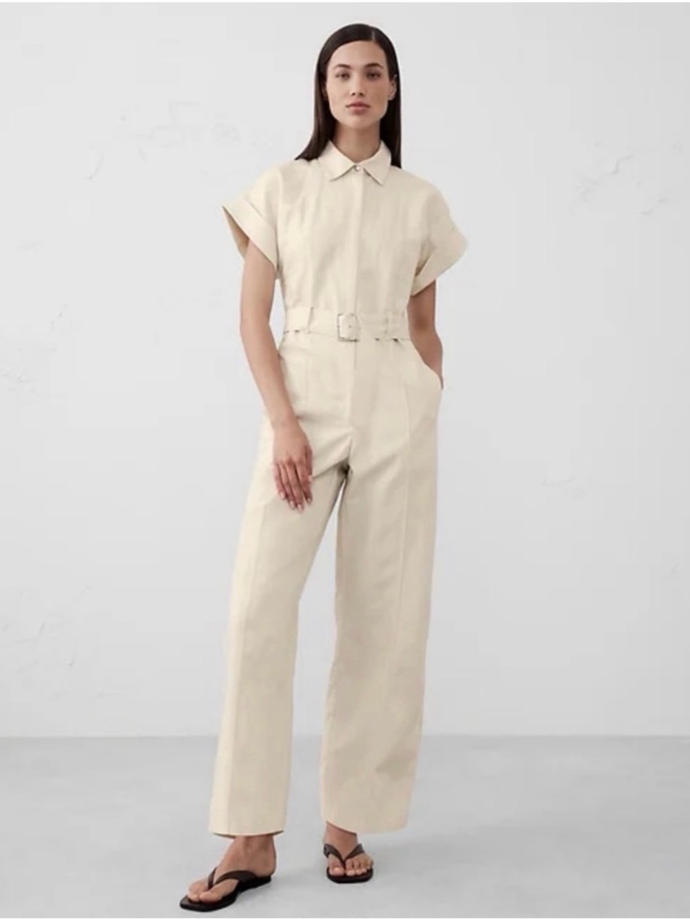 Banana Republic Linen Blend Belted Wide Leg Jumpsuit Ivory 2X